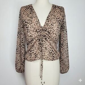 Rose & Boom Size S NEW Blouse Leopard Sheer Long Sleeve Chiffon Tie Front Lined